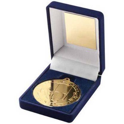 Picture of Blue Velvet Box And 50mm Medal Rugby Trophy Gold