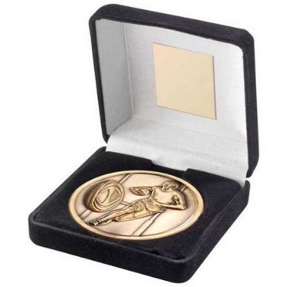 Picture of Black Velvet Box And 70mm Medallion Rugby Trophy Antique Gold