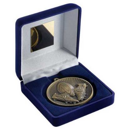 Picture of Blue Velvet Box And 60mm Medal Rugby Trophy Antique Gold