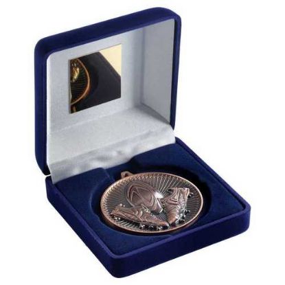 Picture of Blue Velvet Box And 60mm Medal Rugby Trophy Bronze
