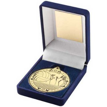 Picture of Blue Velvet Box And 50mm Medal Volleyball Trophy Gold