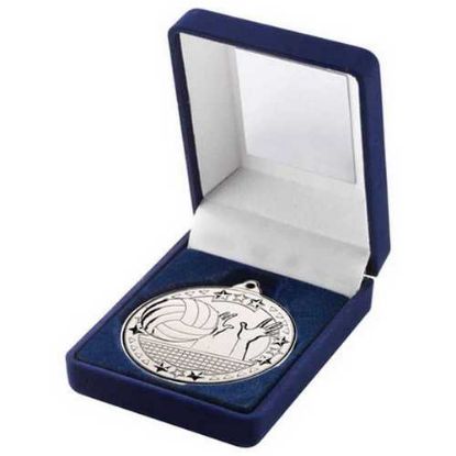Picture of Blue Velvet Box And 50mm Medal Volleyball Trophy Silver