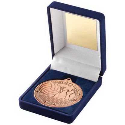 Picture of Blue Velvet Box And 50mm Medal Volleyball Trophy Bronze