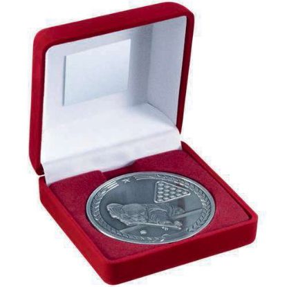 Picture of Red Velvet Box And 70mm Medallion Pool~snooker Trophy Antique Silver