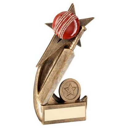 Picture of Brz~gold~red Cricket Ball And Bat On Shooting Star With Plate (1in Cen)