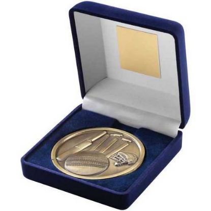 Picture of Blue Velvet Box And 70mm Medallion Cricket Trophy Antique Gold