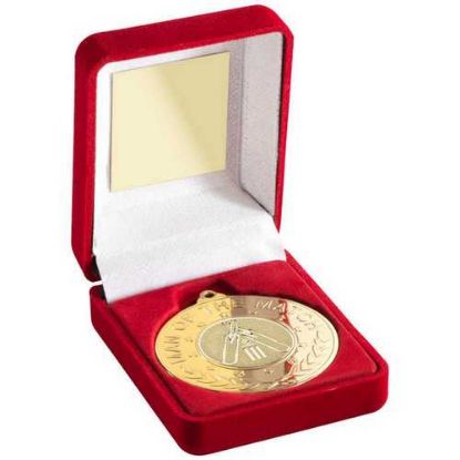 Picture of Red Velvet Box And 50mm Gold Medal With Cricket Insert M.O.T.M Trophy