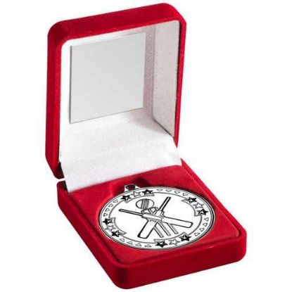 Picture of Red Velvet Box And 50mm Medal Cricket Trophy Silver
