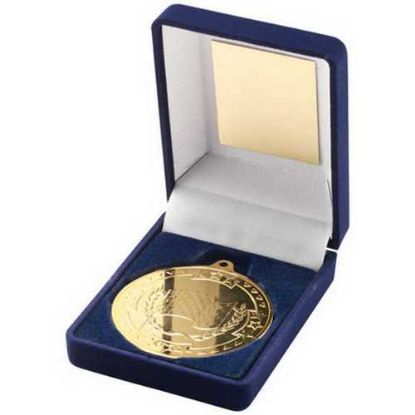 Picture of Blue Velvet Box And 50mm Medal Motor Sport Trophy Gold