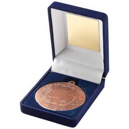 Picture of Blue Velvet Box And 50mm Medal Motor Sport Trophy Bronze