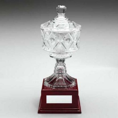 Picture of Clear Glass Patterned Cup And Lid On Wooden Base