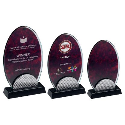 Picture of Red Marble Backed Clear Glass Oval With Silver Detail And Black Base